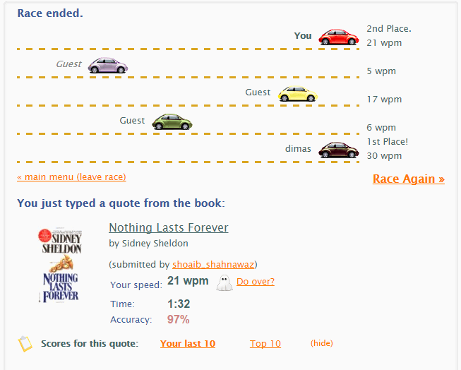 233 wpm TypeRacer race with 291 wpm captcha test score 